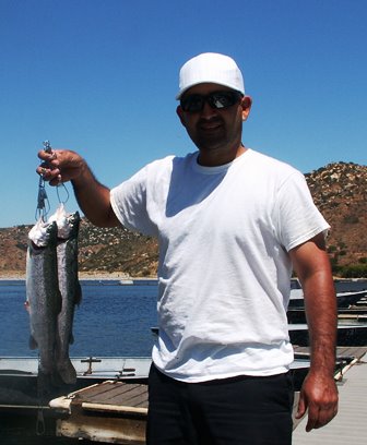 Eddie Ibarra 2 nice trout, gold kastmaster, San Diego, at the 2nd drum on the log boom..jpg